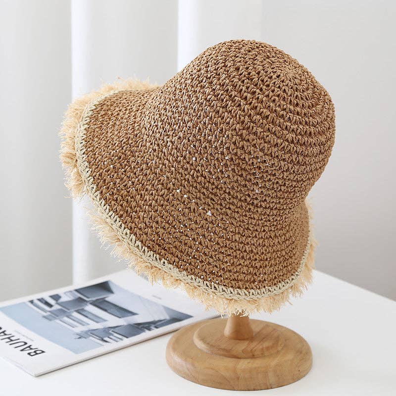 Fashion Wide Brimmed Woven Straw Bucket Hat 8BK6HAT05
