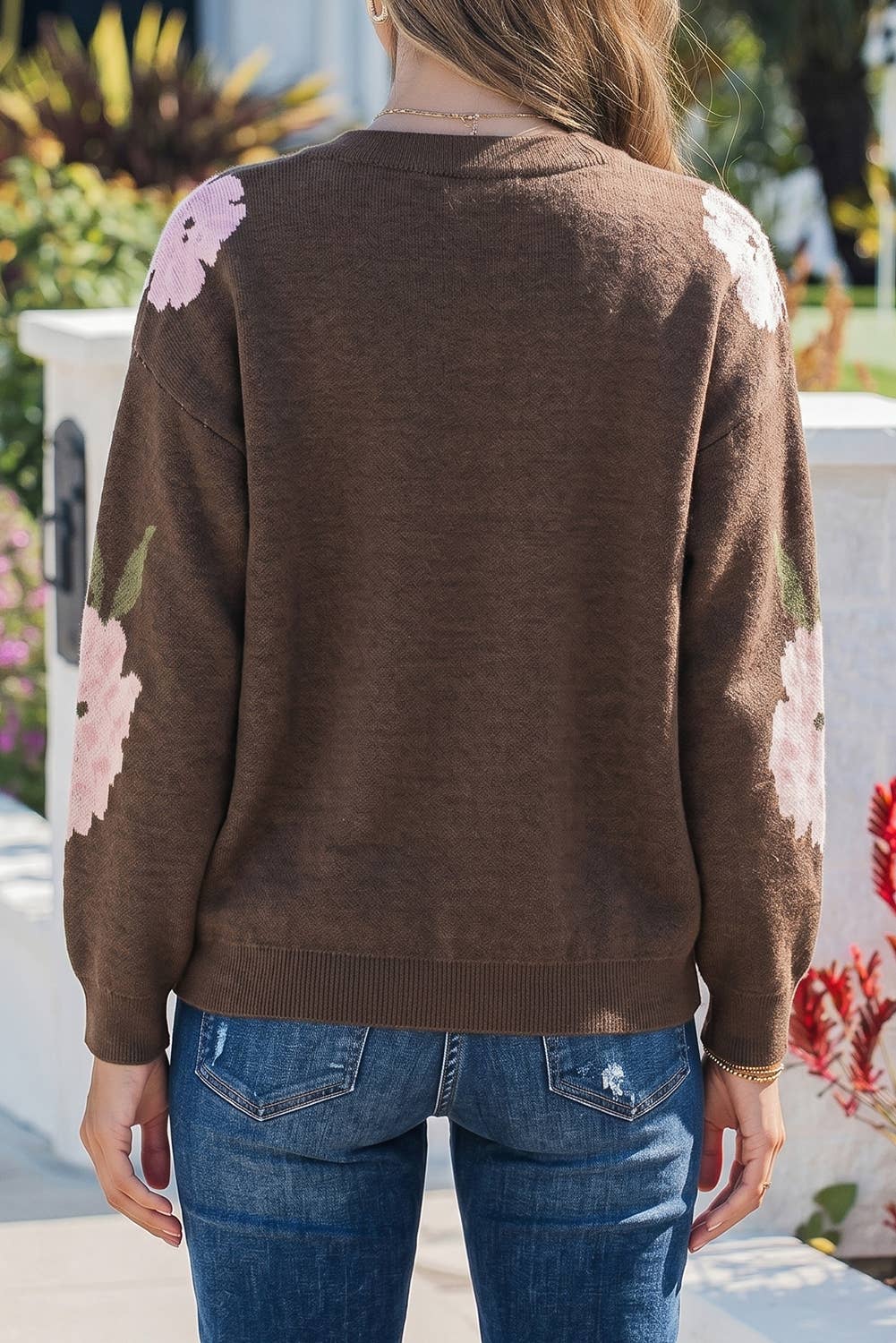 Brown and Pink Floral Off-the-Shoulder Pullover Sweater