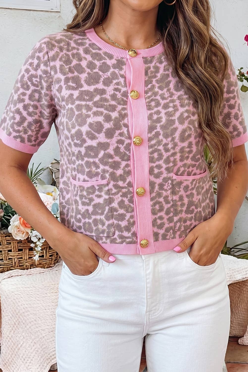 Pink Leopard-Print Short-Sleeve Cardigan