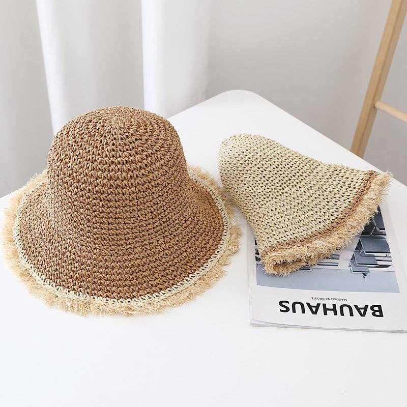 Fashion Wide Brimmed Woven Straw Bucket Hat 8BK6HAT05