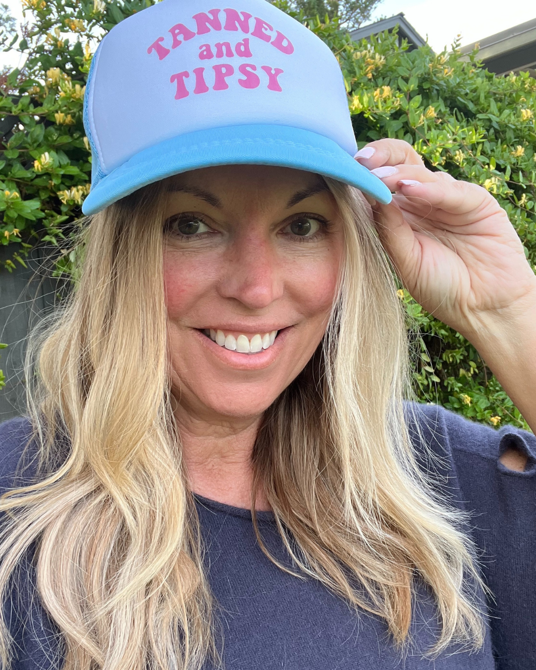 Tanned and Tipsy Trucker Hat – Light Blue & White