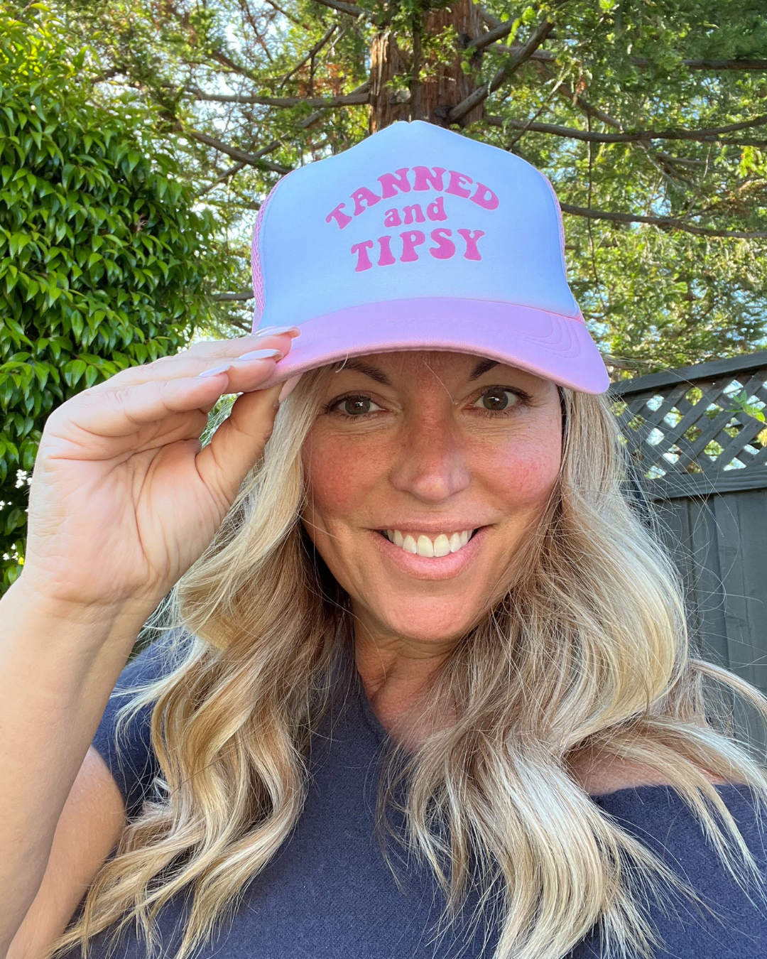 Tanned and Tipsy Trucker Hat – Pink & White