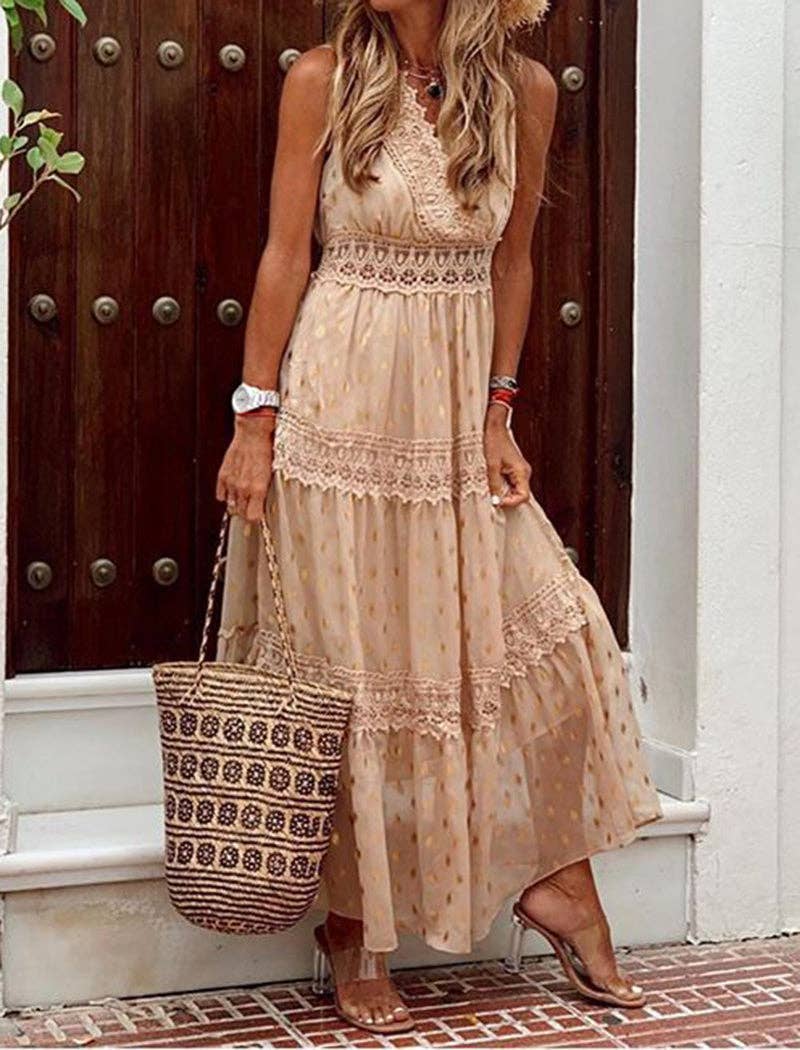 Cream Lace Tiered V-Neck Maxi Dress