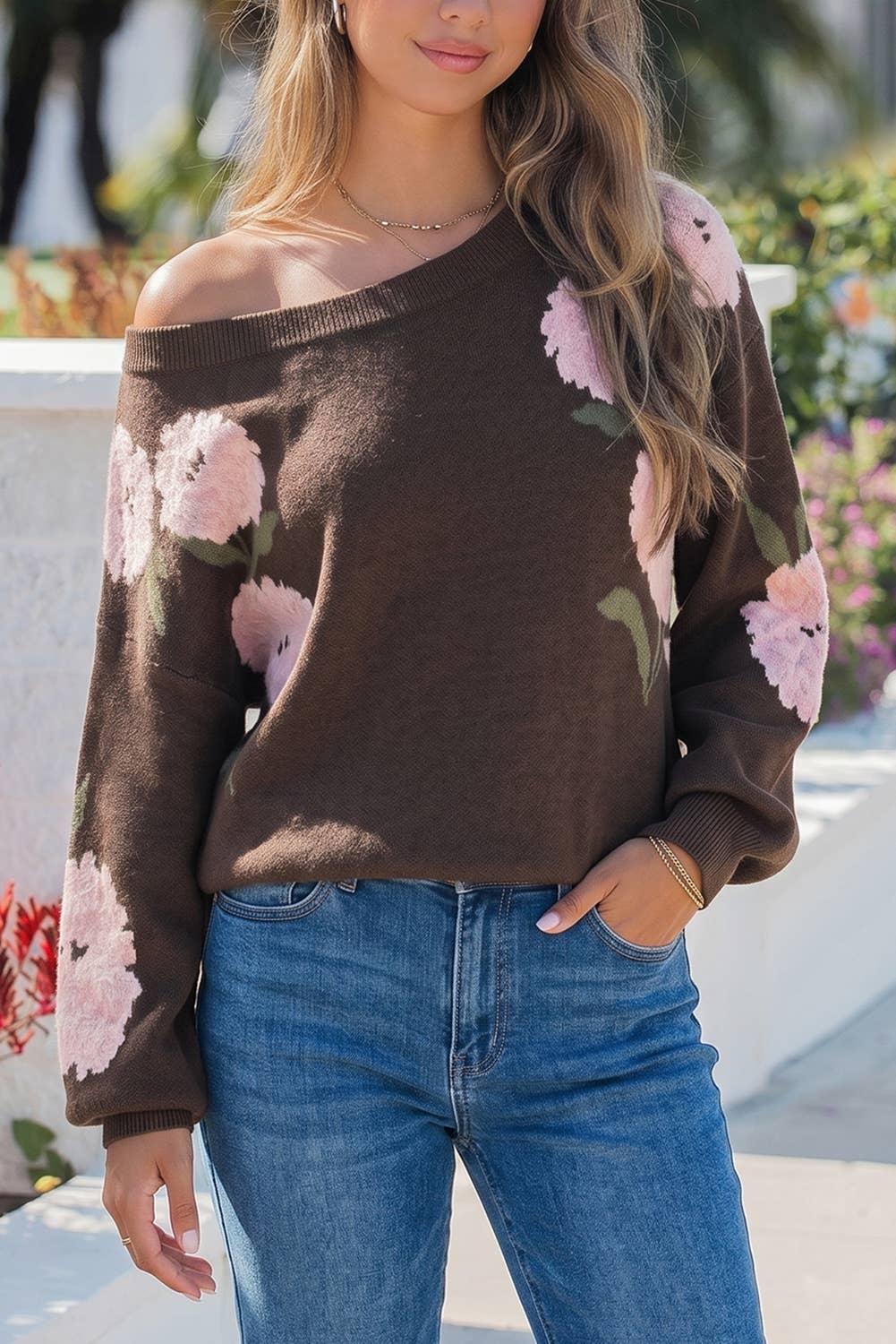 Brown and Pink Floral Off-the-Shoulder Pullover Sweater