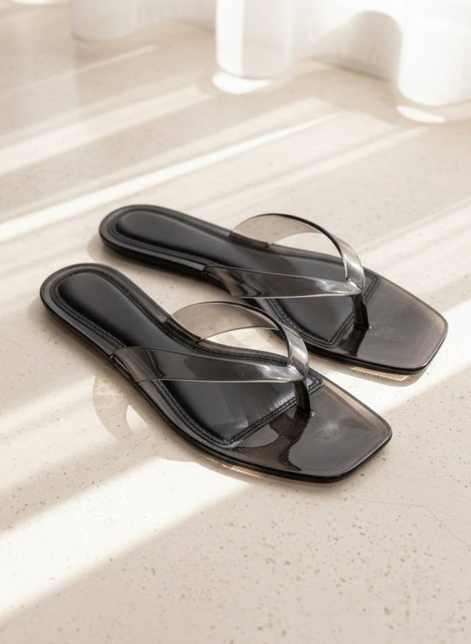 ROME-01 Jelly Thong Sandals Square Toe Clear Trend Flats