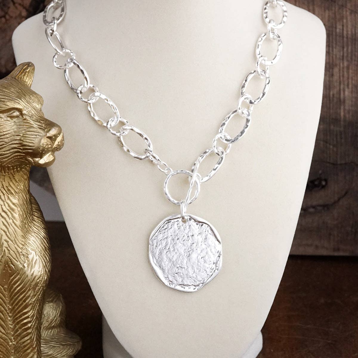 Hammered Disc Toggle Statement Necklace