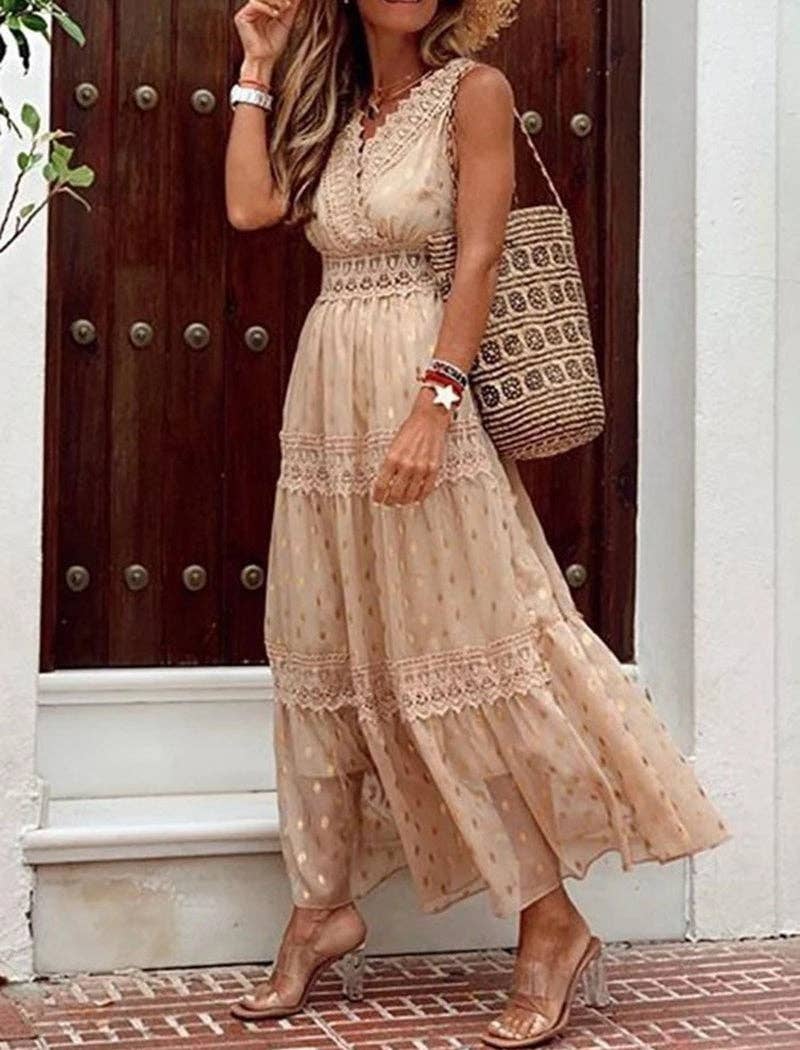 Cream Lace Tiered V-Neck Maxi Dress