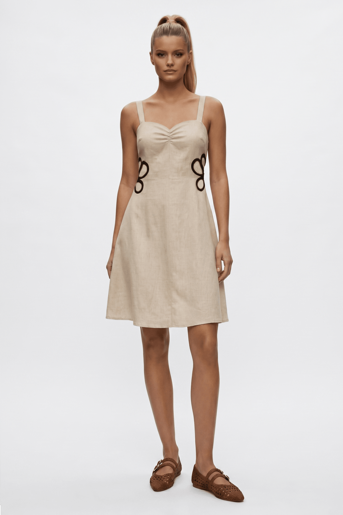 Garden Party Beige Linen Dress with Black Floral Appliqué