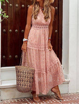 Pink Lace Tiered V-Neck Maxi Dress