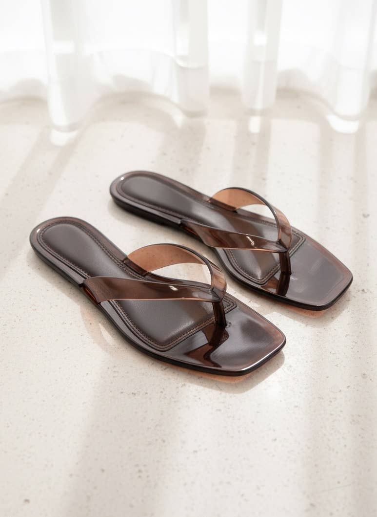 ROME-01 Jelly Thong Sandals Square Toe Clear Trend Flats
