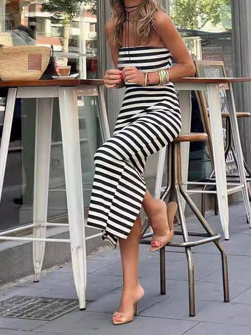 Strapless Black & White Striped Maxi Dress