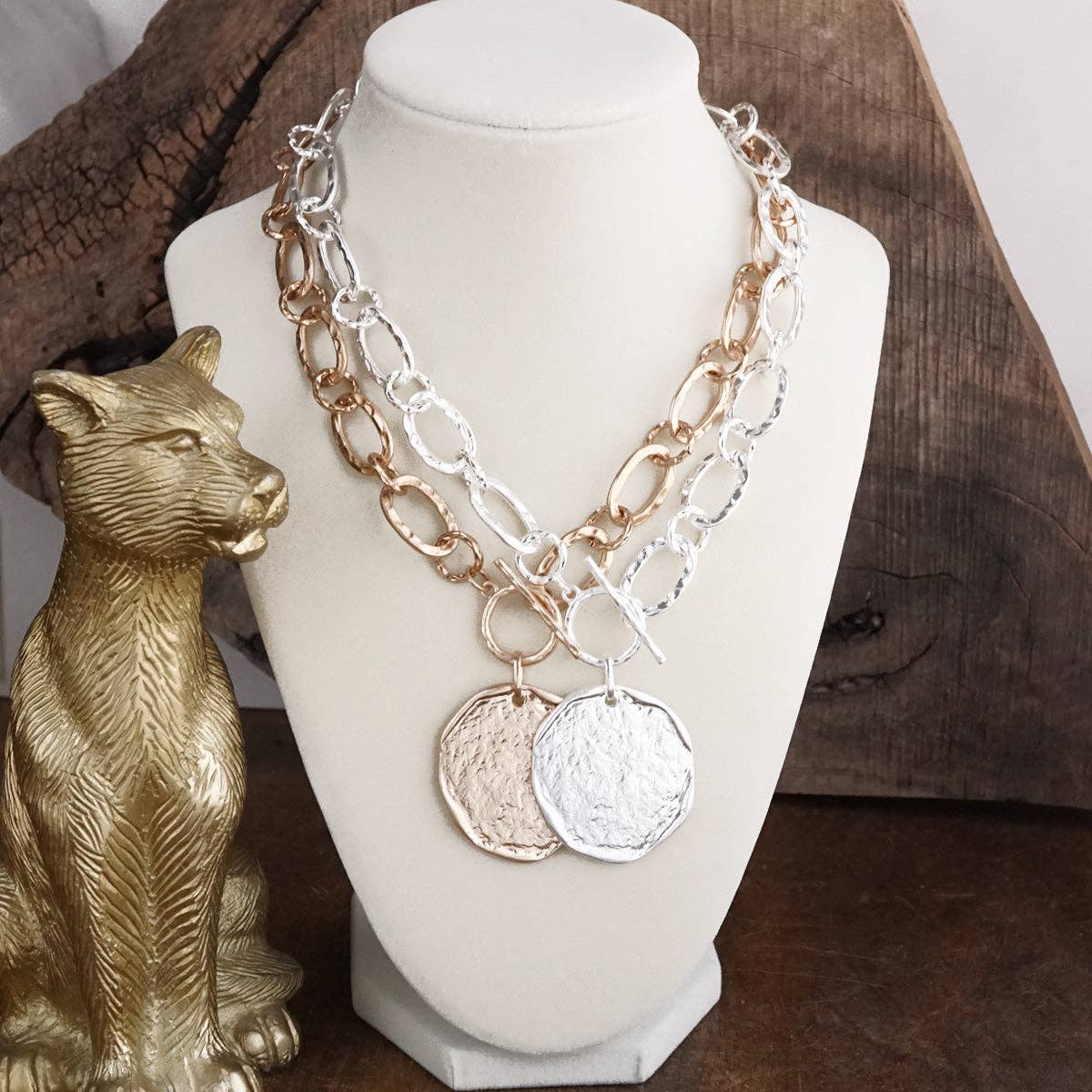 Hammered Disc Toggle Statement Necklace